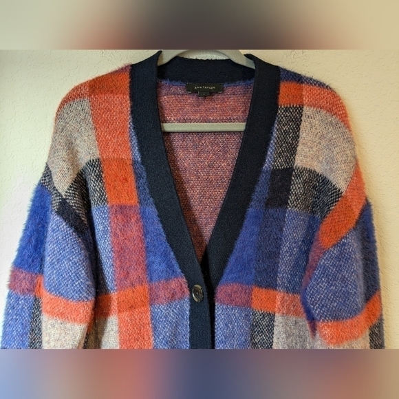 Ann Taylor Blue Orange Plaid Longline Button-Up Oversized Boyfriend Cardigan - Picture 7 of 13